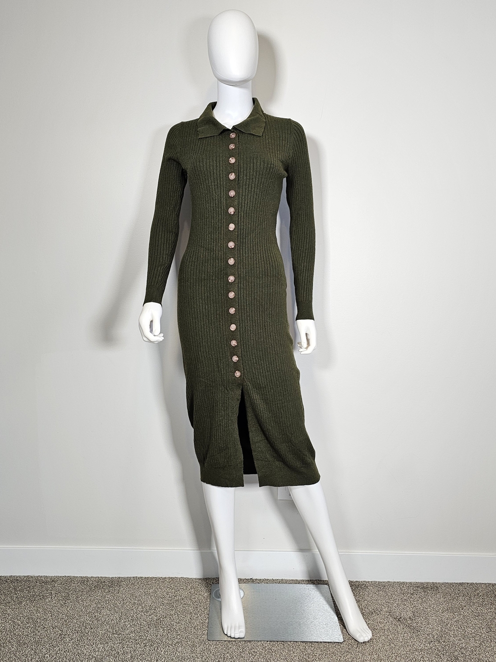 Heartloom Olive Ribbed Button-Front Collared Midi Dress Sz S